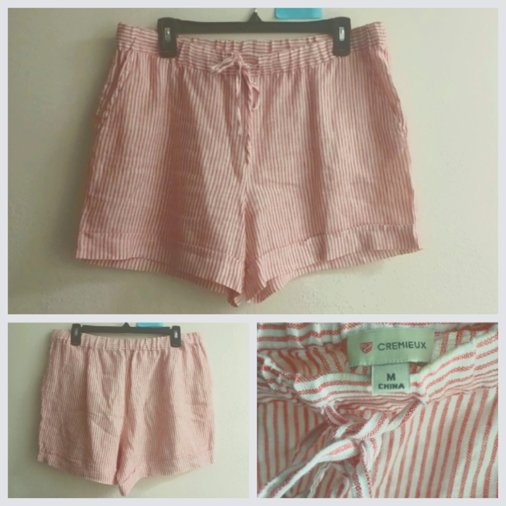 Striped linen shorts, coral/salmon & White, M